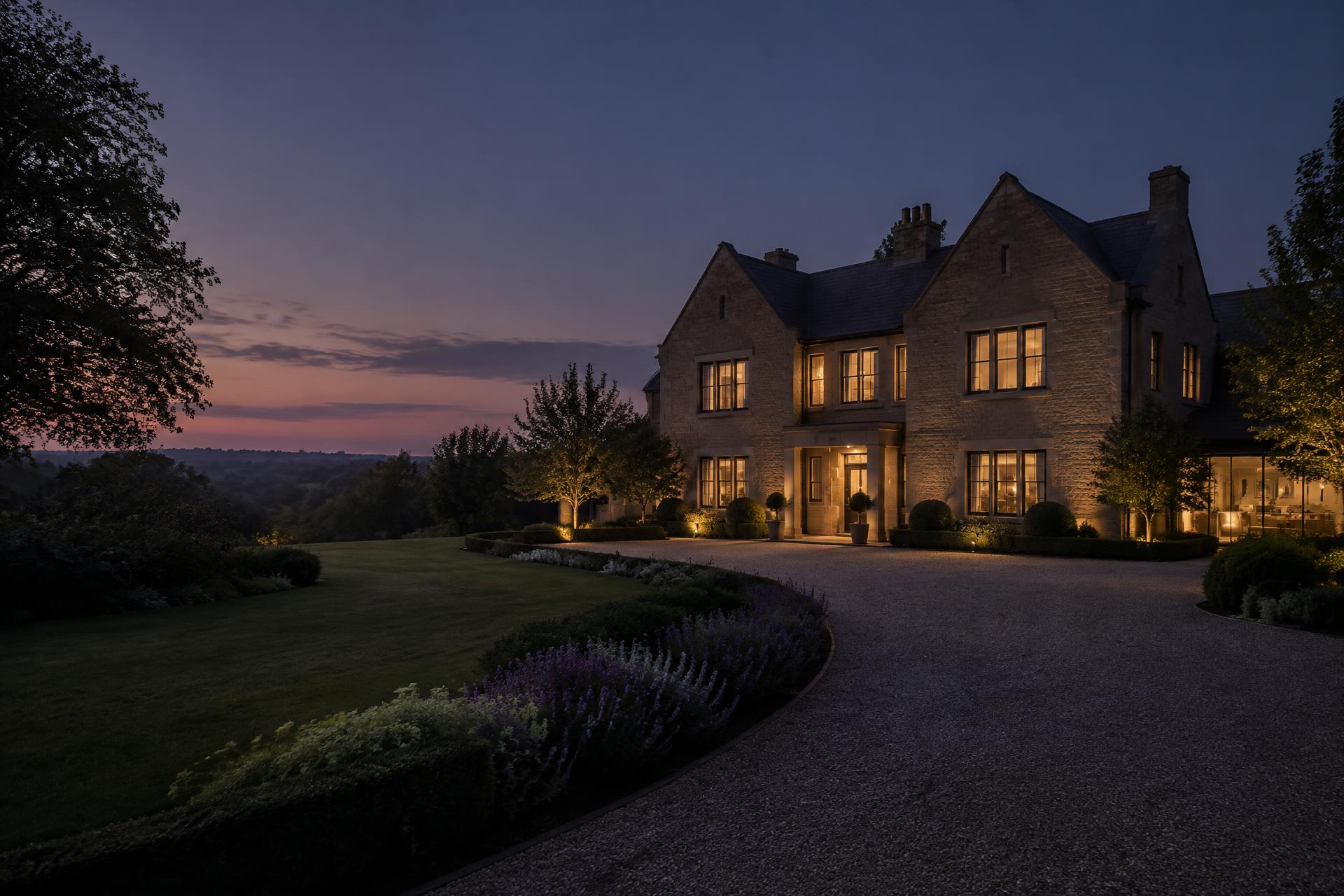A distinguished country home at dusk